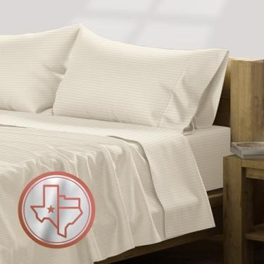 Imagem de TEXAS LINEN CO. Conjunto de lençóis Queen listrados de algodão egípcio de luxo, 600 fios extra longos, conjunto de 4 peças, lençóis de damasco bege Queen, lençóis macios de trama de cetim refrescante