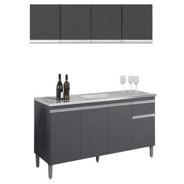 Imagem de Balcão De Pia Tatiane 145 Cm E Armário Aéreo Andréia 4 Portas 150 Cm Cinza Fosco – Ajl