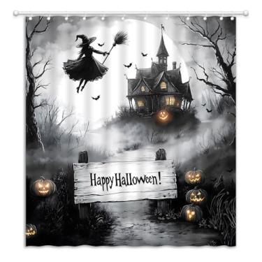 Imagem de YOZSLGU Cortina de chuveiro Happy Halloween, preto, branco, cinza, castelo assustador, casa assombrada, bruxa, noite assustadora, tecido de terror, decoração de banheiro, cortinas com ganchos, 177,8