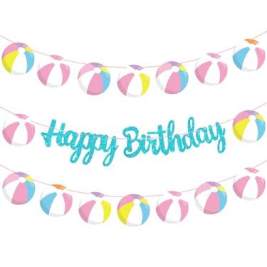 Imagem de Festa de dança na praia, faixa de aniversário brilhante, bola de piscina de verão rosa e branca, grinalda cortada em papel, praia de piscina, chá de bebê de aniversário, itens com desconto de festa