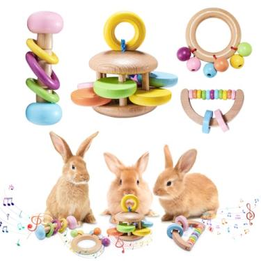 Imagem de AOWPFVV 4 peças de brinquedos de coelho de madeira – brinquedos de coelho seguros, brinquedos resistentes a mordidas de porquinhos-da-índia para chinchilas, hamsters, pequenos animais brincando de