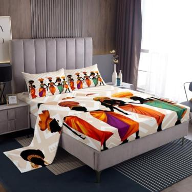Imagem de Conjunto de lençóis com tema de mulher africana conjunto de lençóis com padrão africano para adultos decoração afro étnica lençóis com bolso profundo lençol com elástico ultra macio tradicional estilo exótico decoração conjunto de cama tamanho completo