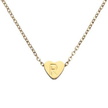 Imagem de PATIKIL Colar de coração com inicial para mulheres, banhado a ouro 18K, corrente de aço inoxidável delicada, nome personalizado, letra R, colares com pingente para mulheres, joias, presentes, tom