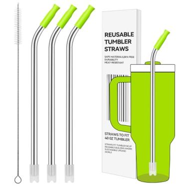 Imagem de Prurex Canudos reutilizáveis de aço inoxidável com ponta de silicone para Stanley 1,134 g, canudos de metal para copo de 1134 g, 3 tubos dobrados e 6 pontas e 1 escova Cleanr (Lima brilhante)