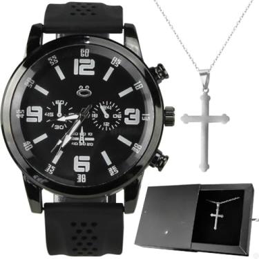 Imagem de Relógio Masculino Preto Aço + Caixa + Cordão Crucifixo Pesado Prateado Prata Ponteiro Social Robusto
