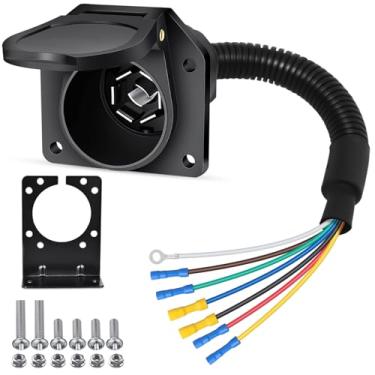 Imagem de Conector de luz de reboque RV de 7 vias, soquete de 7 pinos, adaptador de reboque elétrico conversor rápido com suporte de montagem, extremidade de caminhão, instalação rápida, 7 pinos, cablagem