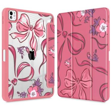 Imagem de Mektron Capa para M4 iPad Pro 11 polegadas 2024 com suporte para lápis, modelos compatíveis: A2836/A2837/A3006, capa à prova de choque transparente + suporte de três dobras, flores-laços-vermelho