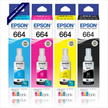 Imagem de Kit Refil De Tinta Epson T664, 04 Cores, P/ L121, L200, L220, L300, L310, L355, L365, L375, L395, L396, L455, L475, L555 - 4 Unidades