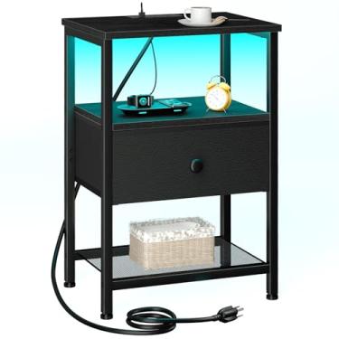 Imagem de LOAKEKEL Mesa de cabeceira, mesa de cabeceira LED com estação de carregamento, mesa de canto pequena com gaveta de tecido para sala de estar, mesa lateral de cama com prateleira de armazenamento para