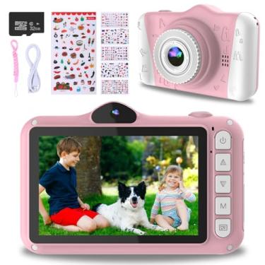 Imagem de Câmera digital infantil, câmera infantil de 12 MP para meninos e meninas, câmera recarregável 1080p para crianças com cartão TF de 32 GB, carregamento USB, zoom de 8x, sem jogos.
