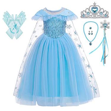 Imagem de Lito Angels Fantasia feminina princesa neve gelo rainha irmã Halloween aniversário fantasia festa fantasia vestido com capa + acessórios tamanho 10 azul 234