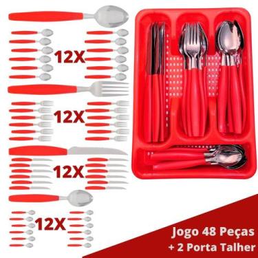 Imagem de Faqueiro Aço Inox 48 Pçs C/ 2 Porta Talheres Berlim Vermelho - EM CASA