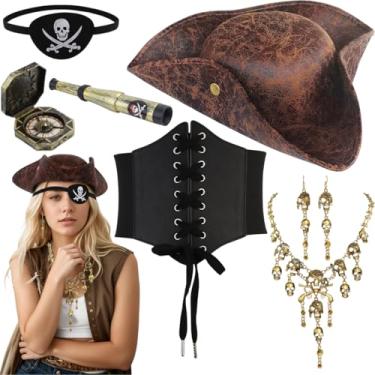 Imagem de Glazeal Conjunto de acessórios femininos de fantasia de pirata com chapéu, espartilho, colar, brincos, binóculos, bússola e tapa-olhos, acessórios de vestido de Halloween para festas de cosplay e
