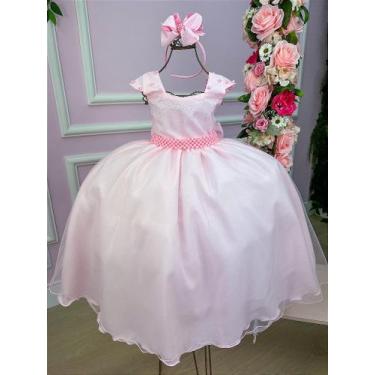 Imagem de Vestido Infantil Rosa Bebe Cinto Perolas Longo Tule - Fabuloso Ateliê,