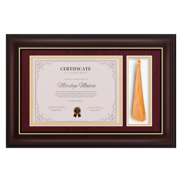 Imagem de TngHui Moldura de madeira para diploma de 11 x 17 cm com suporte de borla para 21 x 28 cm, moldura de grau de certificado para montagem na parede/na mesa, tapete duplo marrom com acabamento dourado