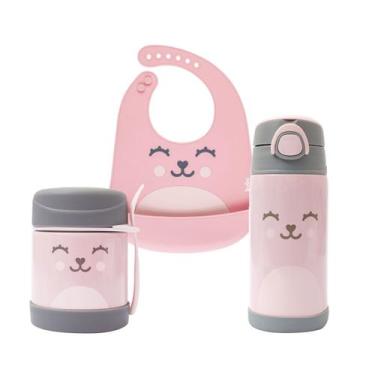 Imagem de Kit Alimentação Infantil com Garrafa Térmica Pote Térmico e Babador de