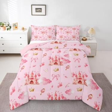 Imagem de Feelyou Conjunto de edredom infantil com laço e estampa de princesa, edredom para crianças, meninos, meninas, decoração de castelo, microfibra ultramacia e respirável
