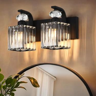 Imagem de Luminária de banheiro moderna, luminária de banheiro preta com 2 luzes sobre o espelho, arandela de parede de cristal de 32 cm para banheiro/quarto/penteadeira, inclui lâmpadas de LED, fácil