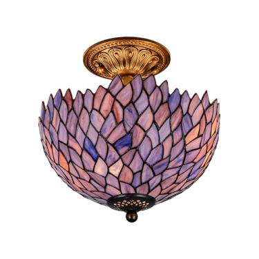 Imagem de GILGGAK Luminária de teto estilo Wisteria Tiffany Lâmpada de montagem semi embutida de vidro manchado de 30,5 cm de altura 28,8 cm de altura, inspiração vintage, declaração de iluminação para entrada
