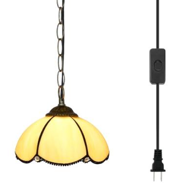 Imagem de Blivuself Tiffany Luminária suspensa com pingente de plugue luminária vintage de vitral amarelo para decoração de casa, sala de jantar, sala de estar, estudo, corredor, cozinha, ilha