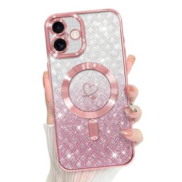 Imagem de Bonoma Compatível com capa de telefone 2025 suporte para MagSafe, capa quadriculada magnética com glitter coração chapeado TPU proteção da câmera capa traseira para meninas mulheres - rosa