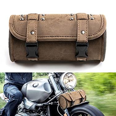 Imagem de APEBAZY Bolsa universal para guidão de motocicleta, bolsa de garfo ajustável de couro PU, bolsas de ferramentas Sissy Bar, bolsas de selim de motocicleta com fivelas de liberação rápida (marrom
