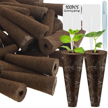 Imagem de LCZNXJJY 50/100 esponjas de cultivo para hidroponia, esponjas iniciantes de sementes com 10 etiquetas de plantas e pinça, plugues de raiz de substituição bloco de mudas de turfa natural pura para