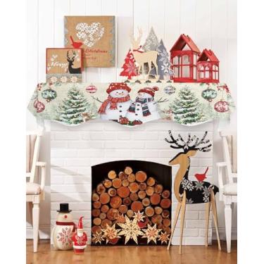 Imagem de Daleng Cachecol de cornija de Natal para lareira 178 x 43 cm boneco de neve vermelho verde bola de Natal floral pinheiro bege decorações lareira manto cachecol capa cornija superior corredor para casa