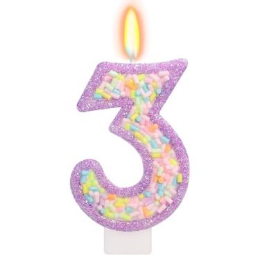 Imagem de ElekFX Vela de aniversário número 3 com granulados, topo de bolo de unicórnio roxo pastel, decorações de festa Sweet Candyland para meninas e meninos 3º aniversário
