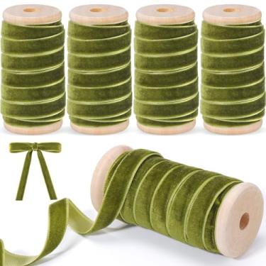 Imagem de Chuangdi Conjunto de fitas de veludo de Natal com 4 rolos de 3/20.3 cm vintage com acabamento em tecido de carretel de madeira para embrulho de presente de Natal, decoração de guirlanda, enfeites de