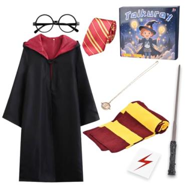 Imagem de Taikuray Cosplay Costume Complete Props Accessories Gifts for Birthday Party Magic Robe Magic Wand Eyeglass Frame Knit Scarf Tie Necklace Set（4-6 years）