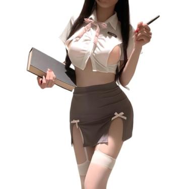 Imagem de QNCLO Saia feminina sexy que abraça o quadril, cosplay, uniforme de secretária, uniforme OL, sedução, boate, professora, roupa íntima, Branco, cinza, Tamanho Único
