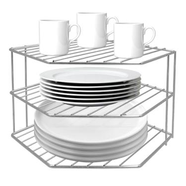 Imagem de Balcão de prateleira de canto de 3 camadas e organizador de armário - fio de metal de aço - resistente à ferrugem - pratos, pratos, armário e organizador de despensa - Organização de cozinha (25 x 19
