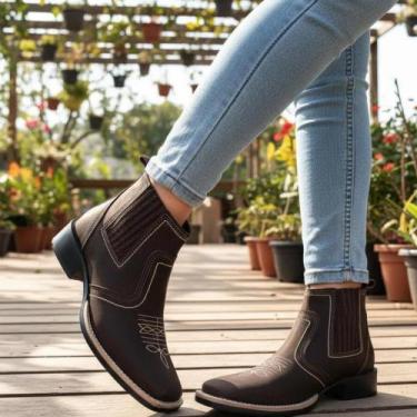 Imagem de Bota Texana Feminina Botina Country Couro Marrom Estilo Vaquejada Cava