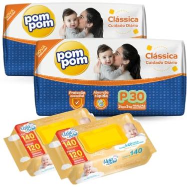 Imagem de Kit 02 Pacotes Fraldas Descartáveis PomPom P M G XG + 280un Lenços Toalhas Umedecidos para Bebê UPA (Pequeno)