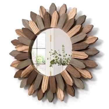 Imagem de Espelho decorativo Honiway Boho 30cm com moldura de madeira rústica