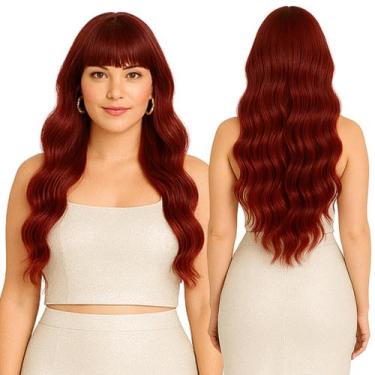 Imagem de Wig Aceita Fonte de Calor Super Natural Ondulada Borgonha com Franja -