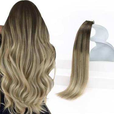 Imagem de Sunny Hair Extensões de cabelo humano real com fita adesiva invisível, extensões de cabelo Remy para mulheres, marrom escuro, ombre, loiro dourado, balayage, loiro platinado, 35,5 cm, 20 peças, 50 g
