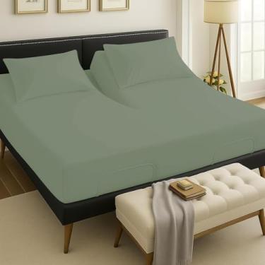 Imagem de 4 peças 800 fios 100% algodão egípcio dividido California King lençóis para cama ajustável para dormir cama número 86,4 cm lençol de cima flexível 38,1 cm bolso profundo - sólido sálvia