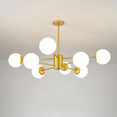 Imagem de Lustre de vidro leitoso moderno de meados do século, semi-embutido, Sputnik, luz de teto, dourado, preto, estilo fazenda, rústico, pendente, para sala de estar, quarto, mesa de jantar, ilha