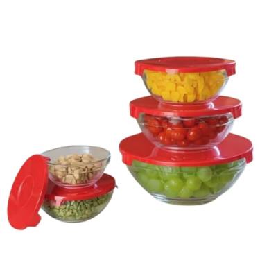 Imagem de KIT 5 Potes de Vidro Herméticos com Tampa Anti Odores Redondos - Conjunto de Tijelas, Vasilhas, Bowls e Bacias (Vermelho)