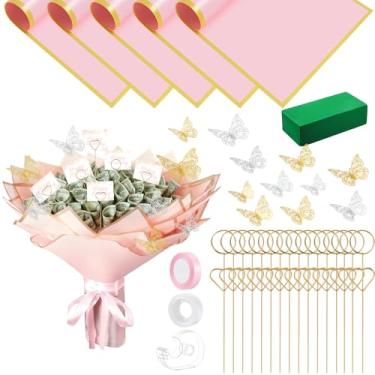 Imagem de Kit de acessórios de buquê de papel de embrulho de flores, 73 peças, kit de buquê de dinheiro faça você mesmo com papel de embrulho, bloco de espuma floral, decoração de borboleta, suporte de cartão