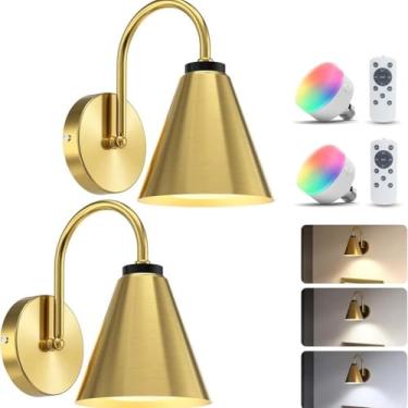 Imagem de Luminária de parede recarregável de 2 peças Luminária de parede interna com controle remoto Regulável com RGB Luminária de parede vintage sem fio E27 Recarregável com função de temporizador
