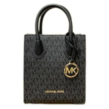 Imagem de Michael Kors Bolsa tiracolo feminina Mercer Extra-pequena de PVC (PVC preto/dourado), Preto