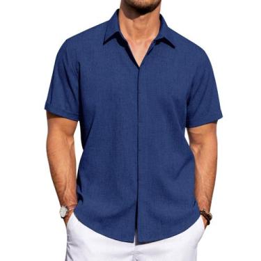 Imagem de Camisa masculina J.VER, de linho, manga curta, com botões, azul royal