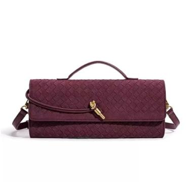 Imagem de AWUXINE Bolsa feminina de tecido feito à mão, casual, bolsa clutch de couro de camurça, bolsa tiracolo moderna, Vinho tinto