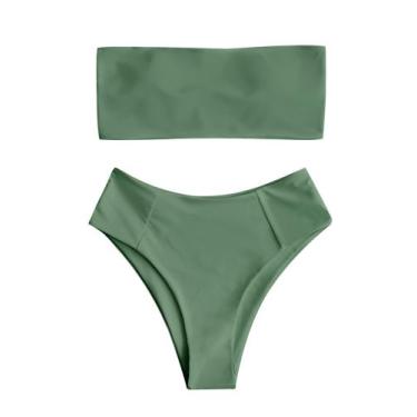 Imagem de Conjunto de biquíni feminino ZAFUL, de corte alto, Bandeau, verde mili