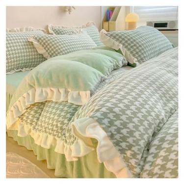 Imagem de Capa de colcha de renda espessa para meninas, lençol de flanela, veludo coral leite, quatro peças, inverno (lençol de cama verde de 1,5 m)