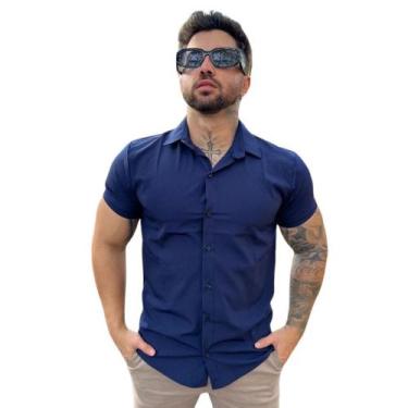 Imagem de Camisa Social Branca Lisa Masculina Manga Curta Slim Fit - Volgue, Azu