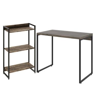 Imagem de Kit Escritório Estante Areta 3 Prateleiras Mesa Industrial Aspen 90cm C01 Carvalho Dark - Lyam Decor